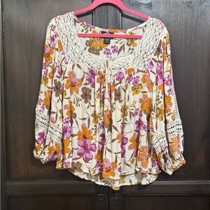 Angie Boho Floral Crochet-Detail Women’s Top - Cream with Pink & Orange Flowers